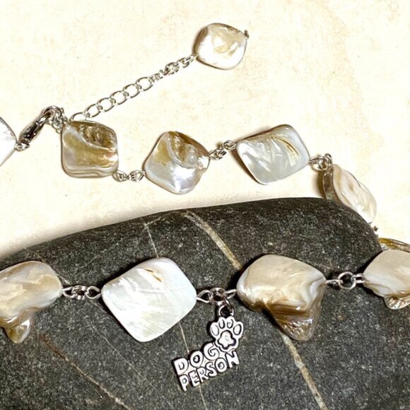 Irregular Mother of Pearl Shell Beads + Dog Person Paw Print Pendant Necklace - Picture 4 of 12